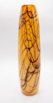 A tall stylish Murano style 20th century amber coloured glass vase, having trailed brown design to