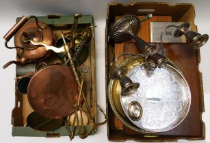 A collection of canteens of cutlery plated items, brass and copper including brass scales.