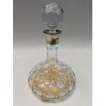A modern hallmarked silver collared "Ships" decanter, crystal cut glass, London hallmarked ,