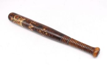 A 19th century hard wood truncheon, painted with the Victorian Royal crown, and GWR for Great