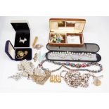 A collection of vintage costume jewellery to include a 9ct gold stone set Edwardian bar brooch (