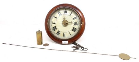A mid 19th Century round mahogany wall clock with pendulum and weight, Roman numerals and alarm