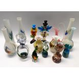 A collection of Murano style and Mdina glasswares to include; 2 Clown figurines, baskets, figurines,