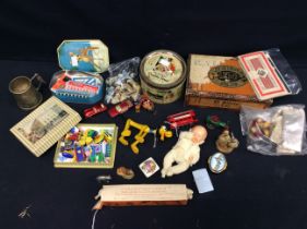 A collectors lot to include; a small 20th century unmarked Doll, a Pluto soft toy, toys from