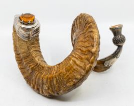 An early 20th century white metal mounted large curled Rams horn table snuff mull, having detachable