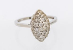 A diamond set 9ct white gold cluster ring, comprising a marquise shaped mount grain set with round