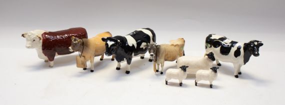 Collection of John Beswick bulls, cows and sheep (8), chip to horn of 1 cow.