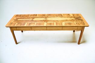 1970s Scandinavian light wood coffee table with cross section cut root, branch top inlayed, detail