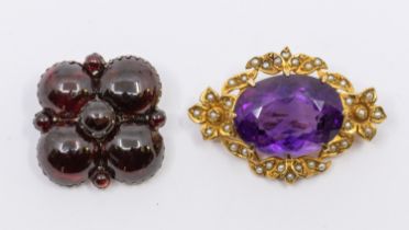 Two early 20th century brooches, to include an oval amethyst and seed pearl, oval amethyst measuring