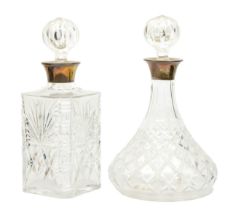 Two 20th Century silver collard cut glass decanters with stoppers.