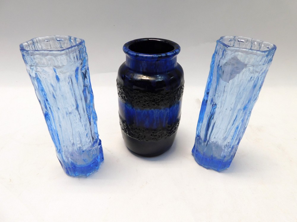 A pair of possibly Ravenhead blue glass bark vases of cylindrical form (textured effect), each