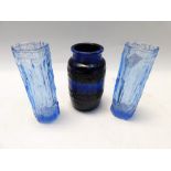 A pair of possibly Ravenhead blue glass bark vases of cylindrical form (textured effect), each