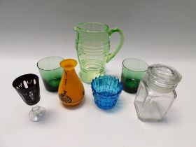 A collection of glasswares to include coloured vintage studio wall lights, vases, cut and crystal.