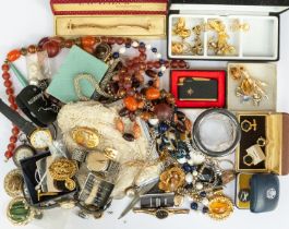 A collection of vintage costume jewellery to include a silver 935 ladies pocket watch (some dents)