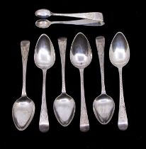 A set of six George III silver bright-cut engraved teaspoons, hallmarked London, 1808 and a George V