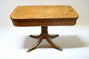 A 19th century pedestal card table, banded inlayed detail, splayed legs and with brass casters. (