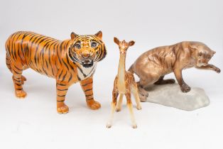Three John Beswick figures, tiger, panther and a giraffe, chip to ear of giraffe