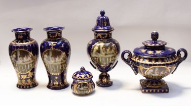 Royal Limoges: a pair of blue ground and gilt with transfer-print vases, together with 3 further