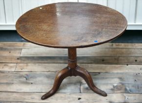 Late 18th century round tilt top oak tripod table along with 19th century oak rectangular tilt top