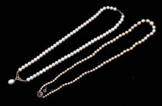 Two pearl necklets, one graduated cultured pearl necklet, pearls 7mm-3mm, knotted, length 450mm,