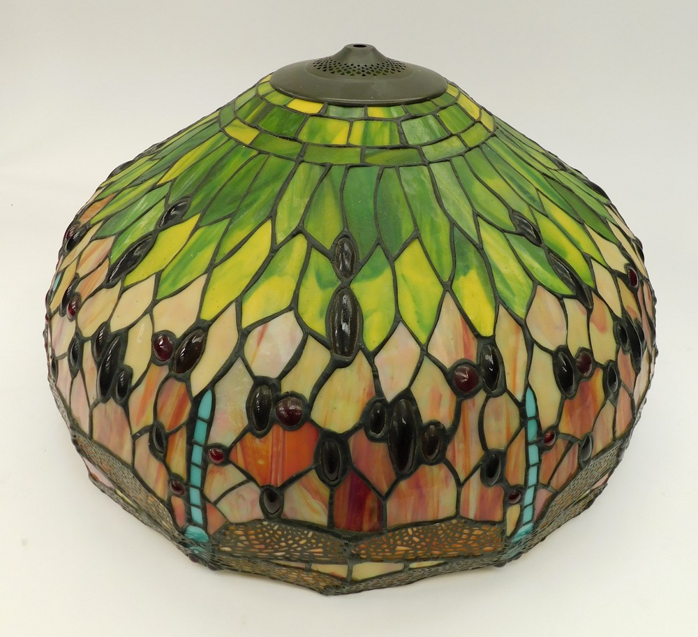 A late 20th/early 21st century Tiffany style large lamp shade with dragon fly detail to the coloured