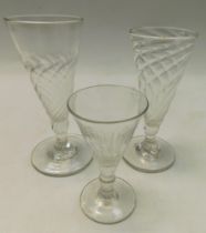 Three 18th Century cordial glasses, two with twisted bowls and one fluted, no chips or cracks.