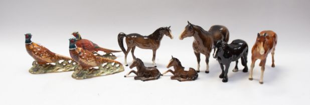 Collection of five John Beswick horses and one other with damage and two Beswick pheasants, together