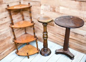 A William IV Burr mahogany wine table, dark jardiniere stand and walnut wot not.