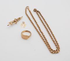 A collection of 9ct gold to include a rope twist chain, width approx 3mm,  length approx 49cm