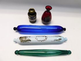 Three 19th century glass rolling pins, blue, green and opal. Along with 19th century glass perfume