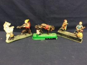 Three 20th century novelty metal money boxes, all painted, one "Hometown Battery", a Hunter and a