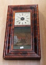 19th Century rose mahogany American wall clock made for the British market with painted scene of