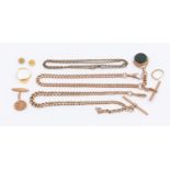 A collection of gold  jewellery to include a graduated 9ct rose gold albert link chain with T bar