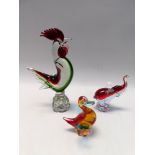 Three vintage glass figures of large cockerel, duck and elephant, Murano-style, chip to 1 feather of