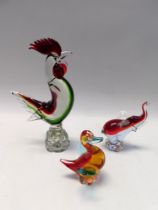 Three vintage glass figures of large cockerel, duck and elephant, Murano-style, chip to 1 feather of