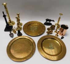 A collection of brass and copper wares to include bronzed deer dark cast Napoleon  memorial.