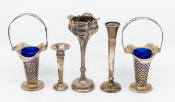 A pair of Edwardian silver reticulated posy basket vases, with wire work handles, hallmarked by