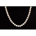 A vintage cultured pearl uniform necklace, each approx 6mm, strung to a white metal and diamond