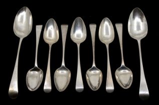 A set of six George III Old English pattern silver dessert spoons, all initialled to terminals,