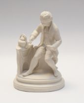 A Parian figure of James Watt, 19th century, seated by a stove with a kettle. Titled James Watt.