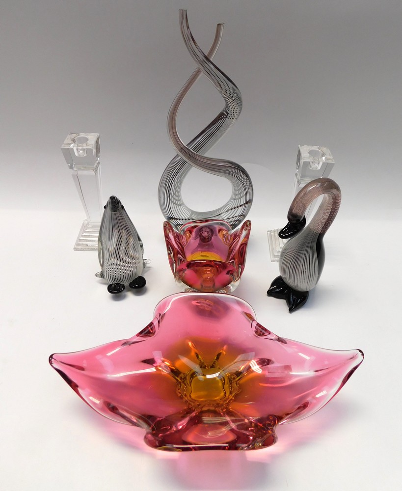 A collection of mixed cut glass wares, coloured studio and others including figures, retro bowls