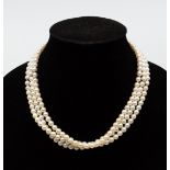 A cultured pearl and 9ct gold multi strand collarette necklace, comprising three rows of uniform