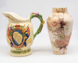 A 1930s Crown Devon musical commemorative jug along with Doulton vase.