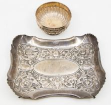 A late Victorian silver dish/tray, having embossed floral and foliage design, large oval vacant