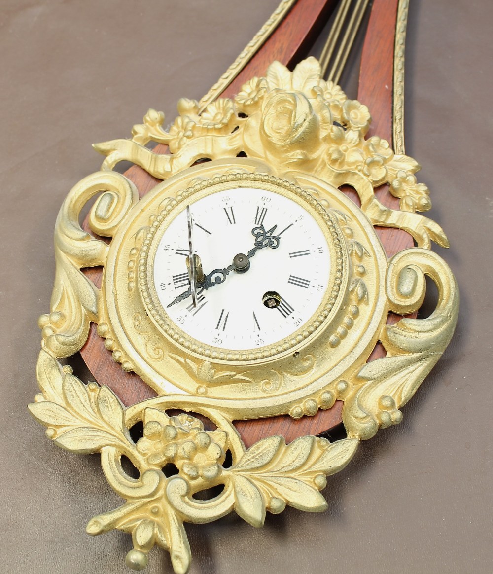 Edwardian harp 8-day wall clock, Roman numerals with gilt face surrounds and detail in a mahogany - Image 2 of 4