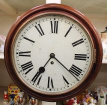 A late 19th Century round mahogany wall clock, painted dial with Roman numerals, 38cm diameter, no