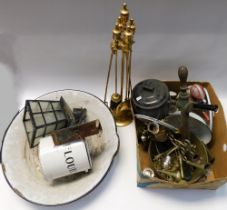 Collection of metal wares i.e. enamelled pots and pans, brass jam pot, plated tea/coffee wares.