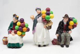 Three mid 20th Century Royal Doulton figures The Balloon man, Biddy penny farthing and the Old