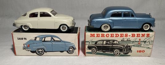 Tekno: A pair of boxed Tekno vehicles, Saab 96, Reference 827; and Mercedes 180, Reference 723.