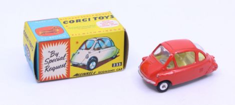 Corgi: A boxed Corgi Toys, Heinkel-I Economy Car, Reference No. 233. Red livery with lemon interior.